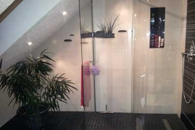 Duschbereich mit Glastrennwand und eingelassenem Regal